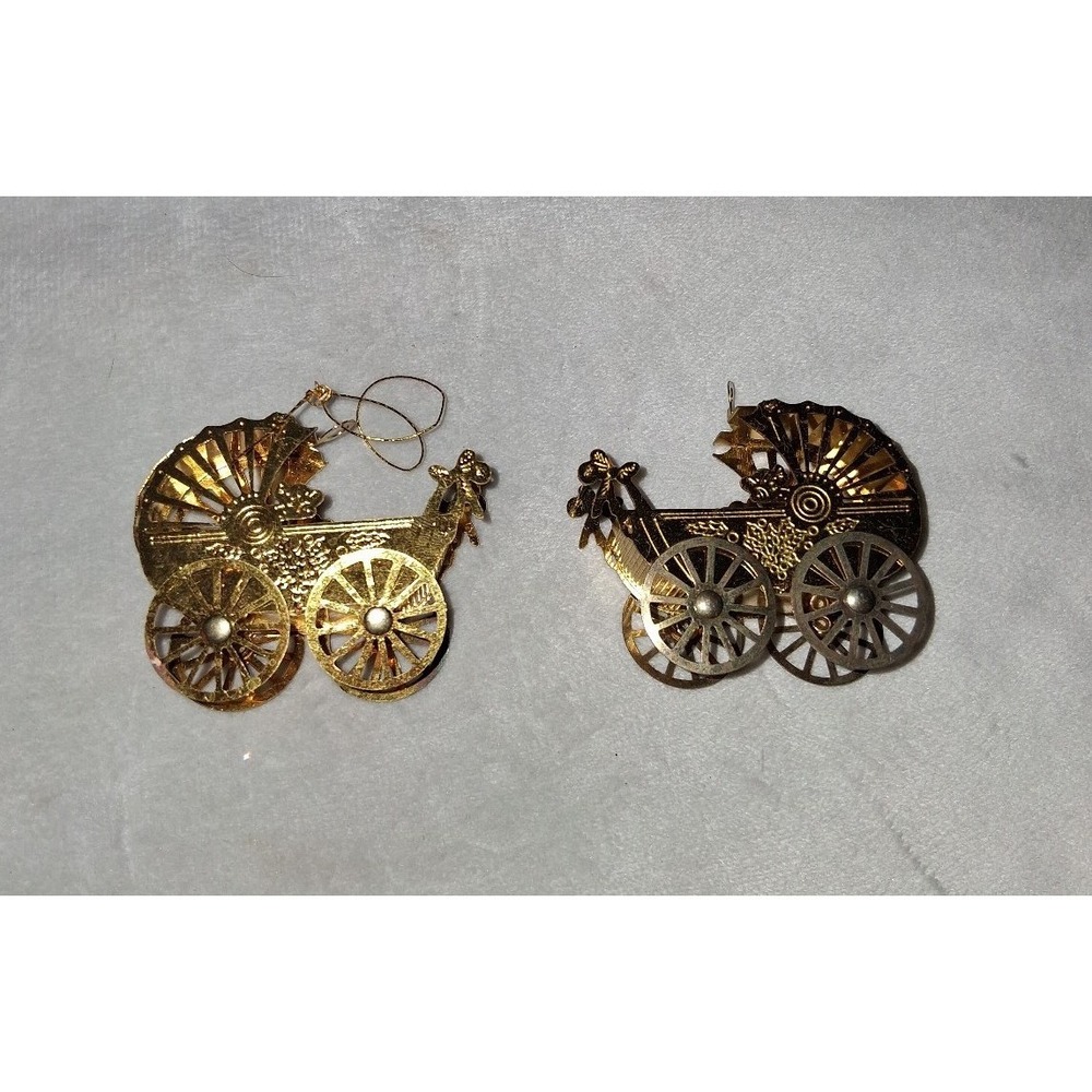 Vintage Gold Tone Metal Baby Carriage Pram Christmas Ornaments Set of 2